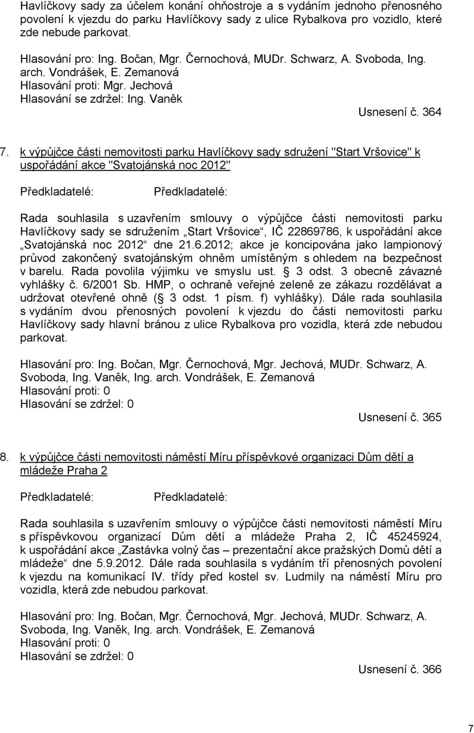 k výpůjčce části nemovitosti parku Havlíčkovy sady sdružení "Start Vršovice" k uspořádání akce "Svatojánská noc 2012" Předkladatelé: Předkladatelé: Rada souhlasila s uzavřením smlouvy o výpůjčce