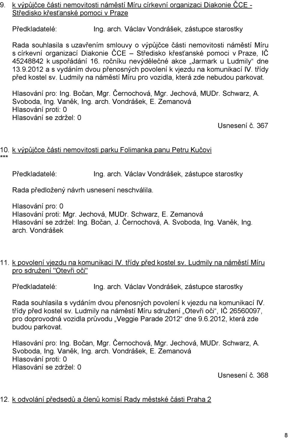 k uspořádání 16. ročníku nevýdělečné akce Jarmark u Ludmily dne 13.9.2012 a s vydáním dvou přenosných povolení k vjezdu na komunikací IV. třídy před kostel sv.