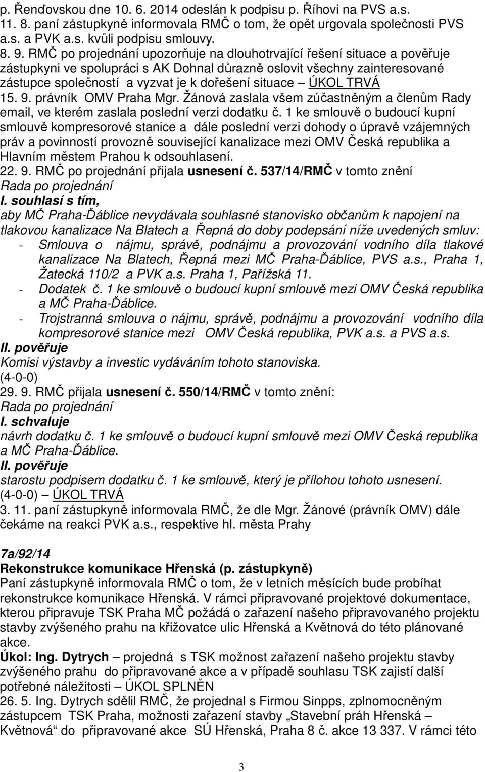 situace ÚKOL TRVÁ 15. 9. právník OMV Praha Mgr. Žánová zaslala všem zúčastněným a členům Rady email, ve kterém zaslala poslední verzi dodatku č.