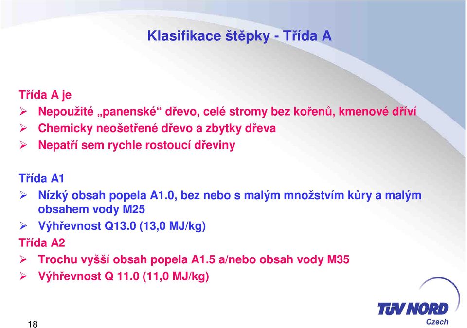 obsah popela A1.0, bez nebo s malým množstvím kůry a malým obsahem vody M25 Výhřevnost Q13.