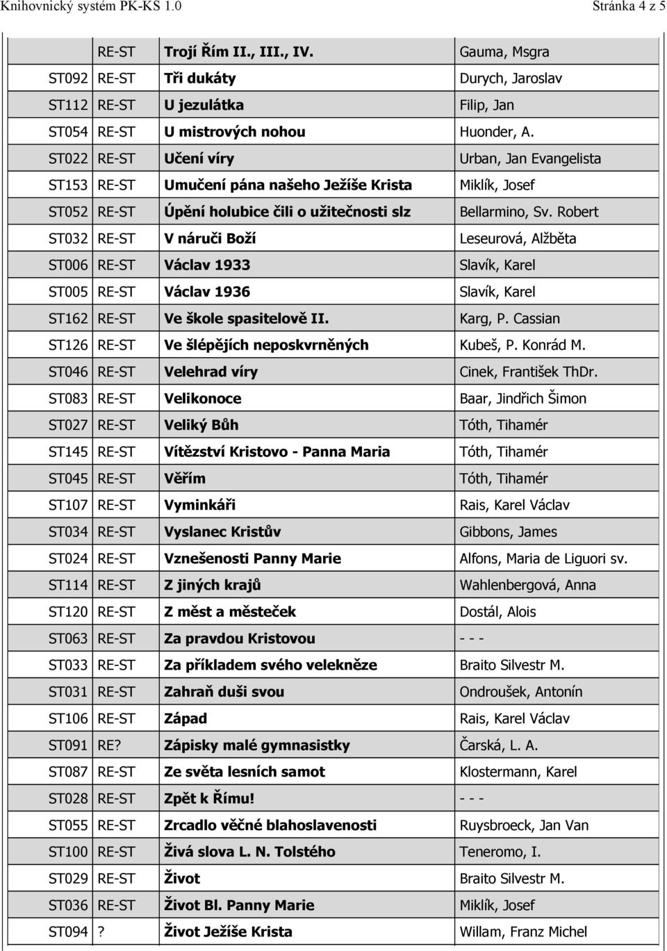 Robert ST032 RE-ST V náruči Boží Leseurová, Alžběta ST006 RE-ST Václav 1933 Slavík, Karel ST005 RE-ST Václav 1936 Slavík, Karel ST162 RE-ST Ve škole spasitelově II. Karg, P.