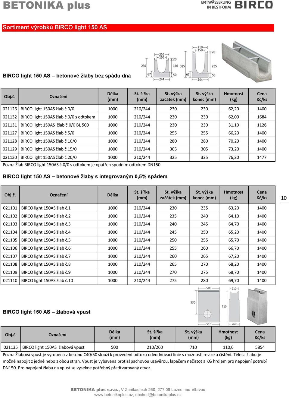 5/0 1000 210/244 255 255 66,20 1400 021128 BIRCO light 150AS žlab č.10/0 1000 210/244 280 280 70,20 1400 021129 BIRCO light 150AS žlab č.