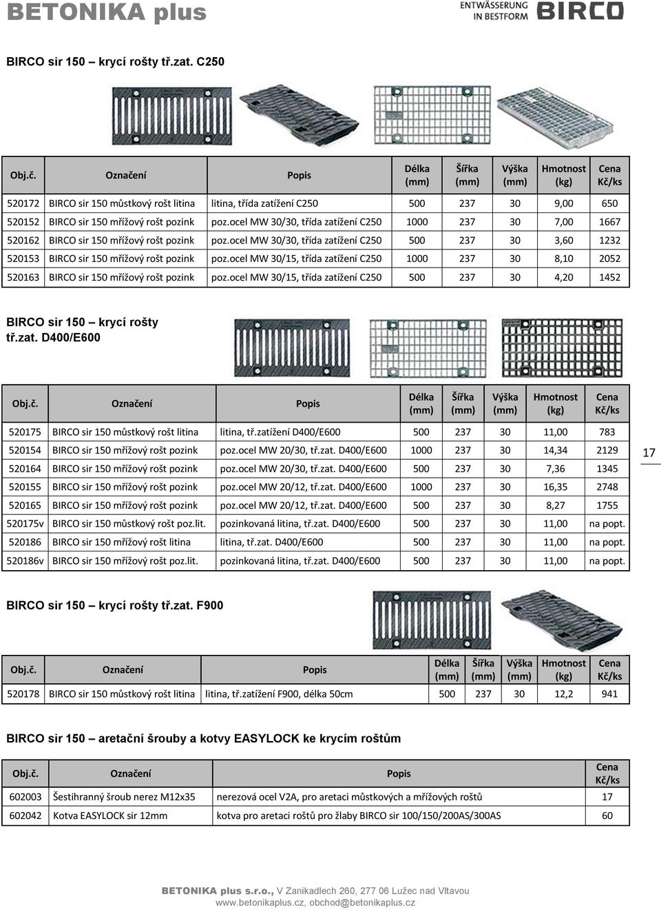 ocel MW 30/30, třída zatížení C250 500 237 30 3,60 1232 520153 BIRCO sir 150 mřížový rošt pozink poz.