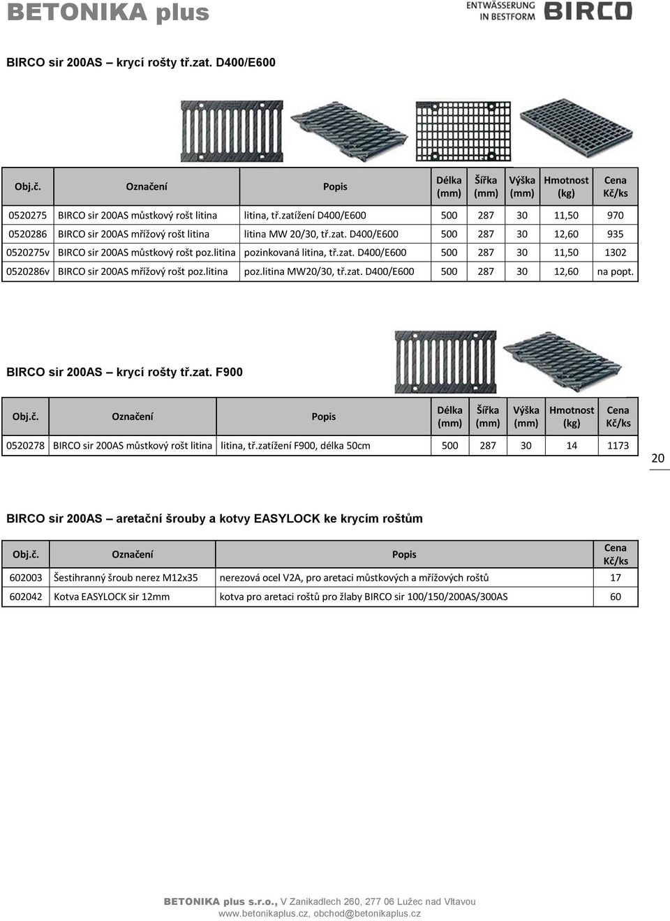 litina pozinkovaná litina, tř.zat. D400/E600 500 287 30 11,50 1302 0520286v BIRCO sir 200AS mřížový rošt poz.litina poz.litina MW20/30, tř.zat. D400/E600 500 287 30 12,60 na popt.