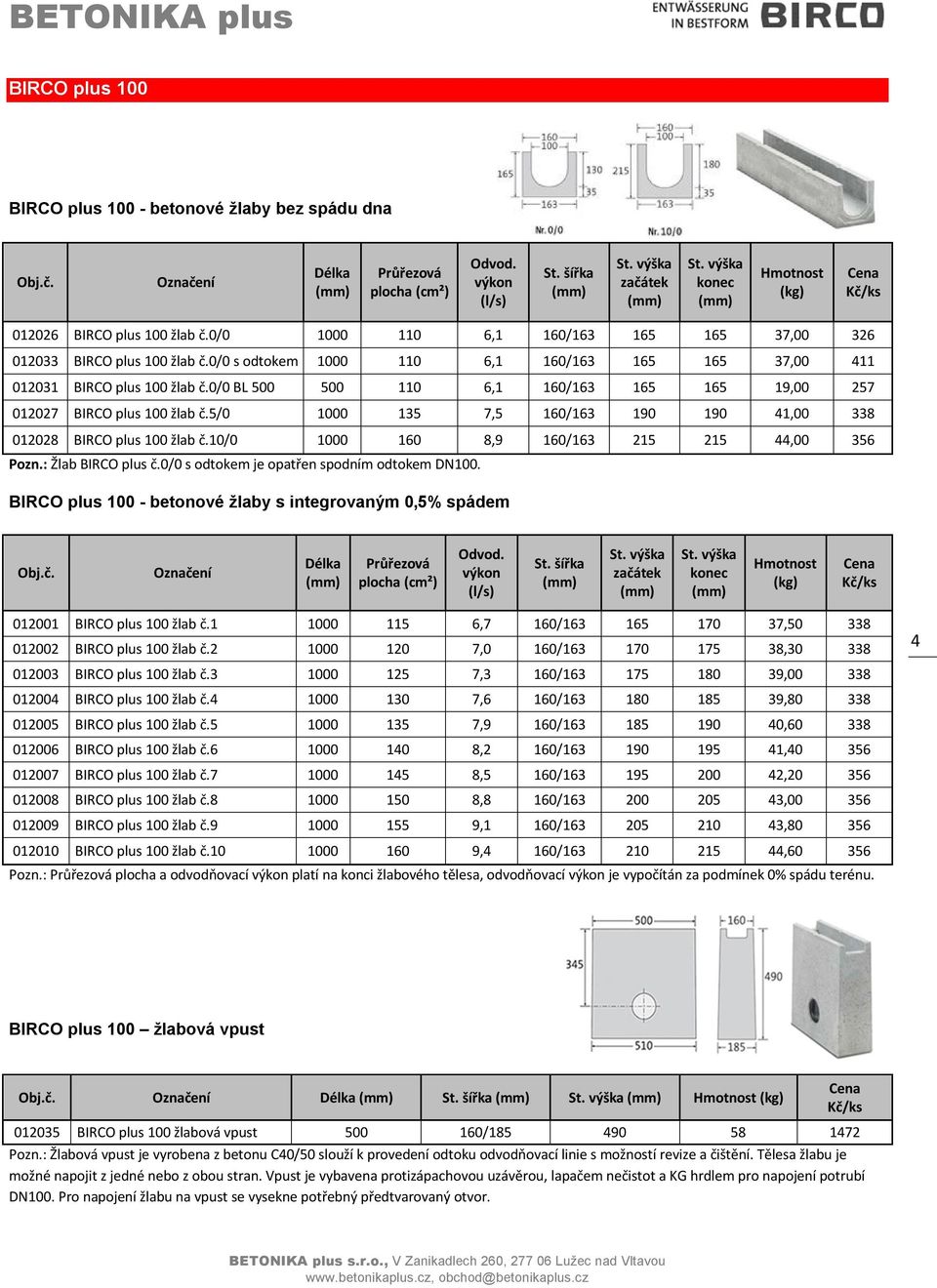 0/0 BL 500 500 110 6,1 160/163 165 165 19,00 257 012027 BIRCO plus 100 žlab č.5/0 1000 135 7,5 160/163 190 190 41,00 338 012028 BIRCO plus 100 žlab č.10/0 1000 160 8,9 160/163 215 215 44,00 356 Pozn.