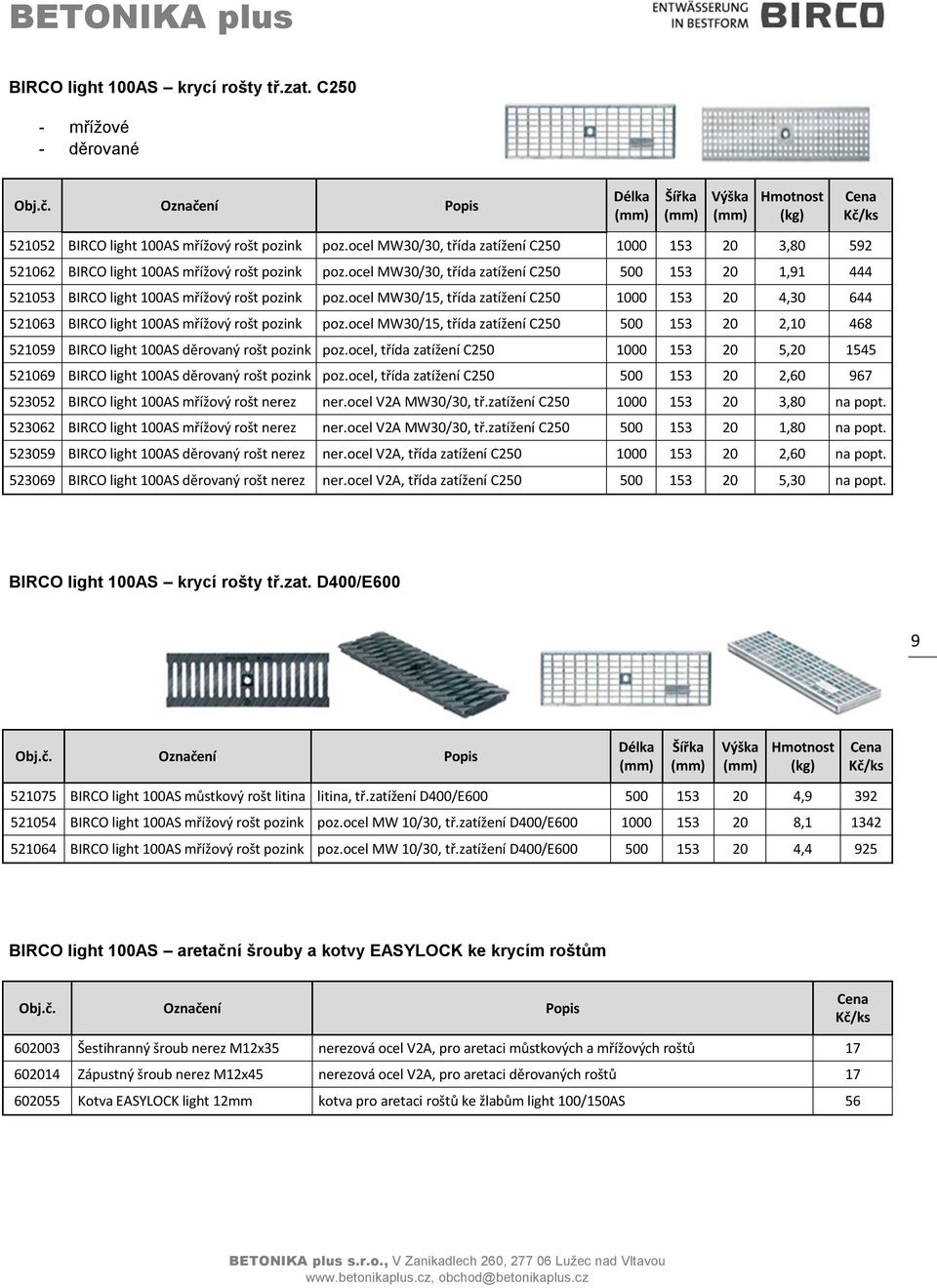 ocel MW30/30, třída zatížení C250 500 153 20 1,91 444 521053 BIRCO light 100AS mřížový rošt pozink poz.