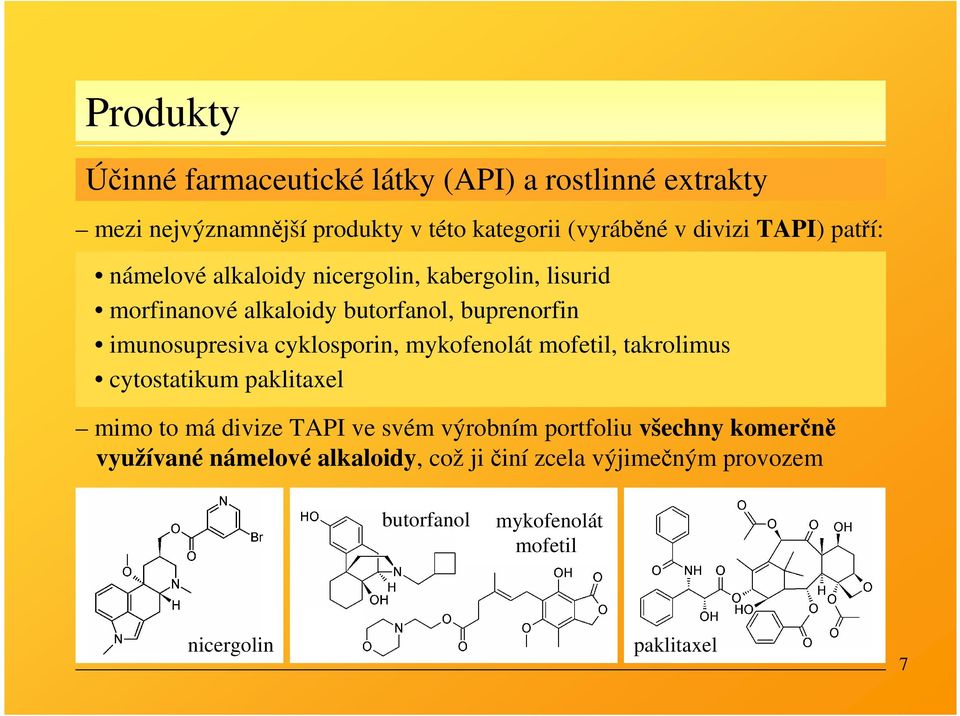 cyklosporin, mykofenolát mofetil, takrolimus cytostatikum paklitaxel mimo to má divize TAPI ve svém výrobním portfoliu všechny