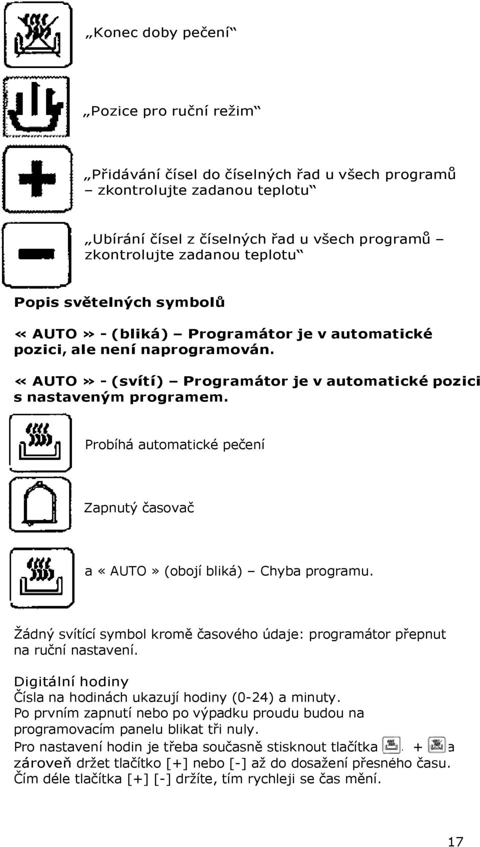 Probíhá automatické pečení Zapnutý časovač a «AUTO» (obojí bliká) Chyba programu. Žádný svítící symbol kromě časového údaje: programátor přepnut na ruční nastavení.