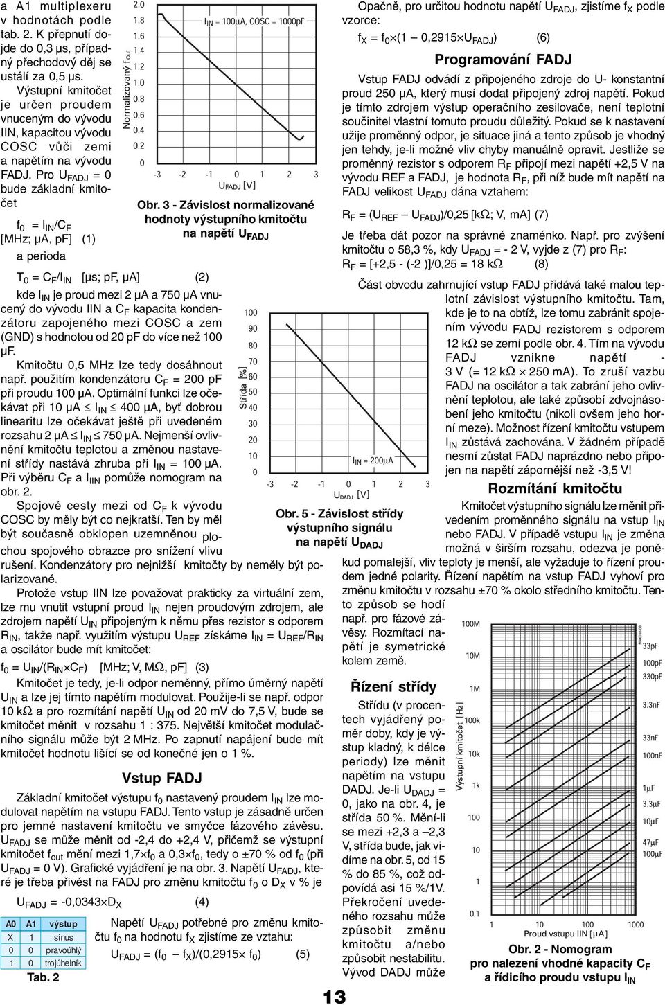 Pro U FADJ = 0 bude základní kmitočet f 0 = I IN /C F [MHz; µa, pf] (1) a perioda T 0 = C F /I IN [µs; pf, µa] (2) A0 A1 výstup X 1 sinus 0 0 pravoúhl ý 1 0 trojúhelní k Tab. 2 Obr.