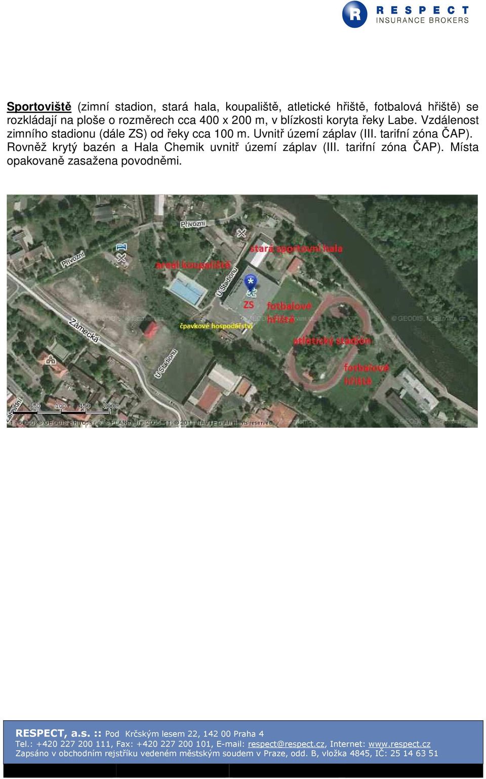 Vzdálenost zimního stadionu (dále ZS) od řeky cca 100 m. Uvnitř území záplav (III.