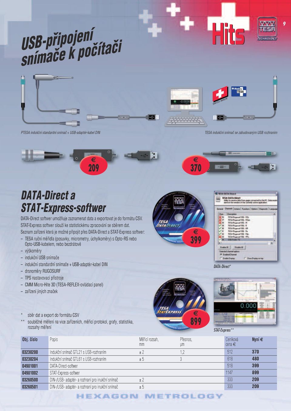 Seznam zařízení která je možné připojit přes DATA-Direct a STAT-Express softwer: TESA ruční měřidla (posuvky, micrometry, úchylkoměry) s Opto-RS nebo Opto-USB-kabelem, nebo bezdrátově výškoměry