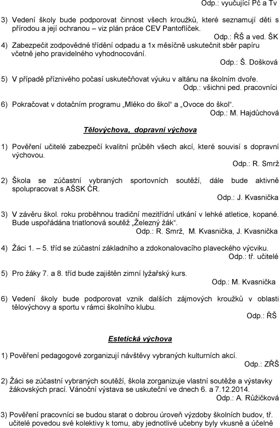 Došková 5) V případě příznivého počasí uskutečňovat výuku v altánu na školním dvoře. Odp.: všichni ped. pracovníci 6) Pokračovat v dotačním programu Mléko do škol a Ovoce do škol. Odp.: M.
