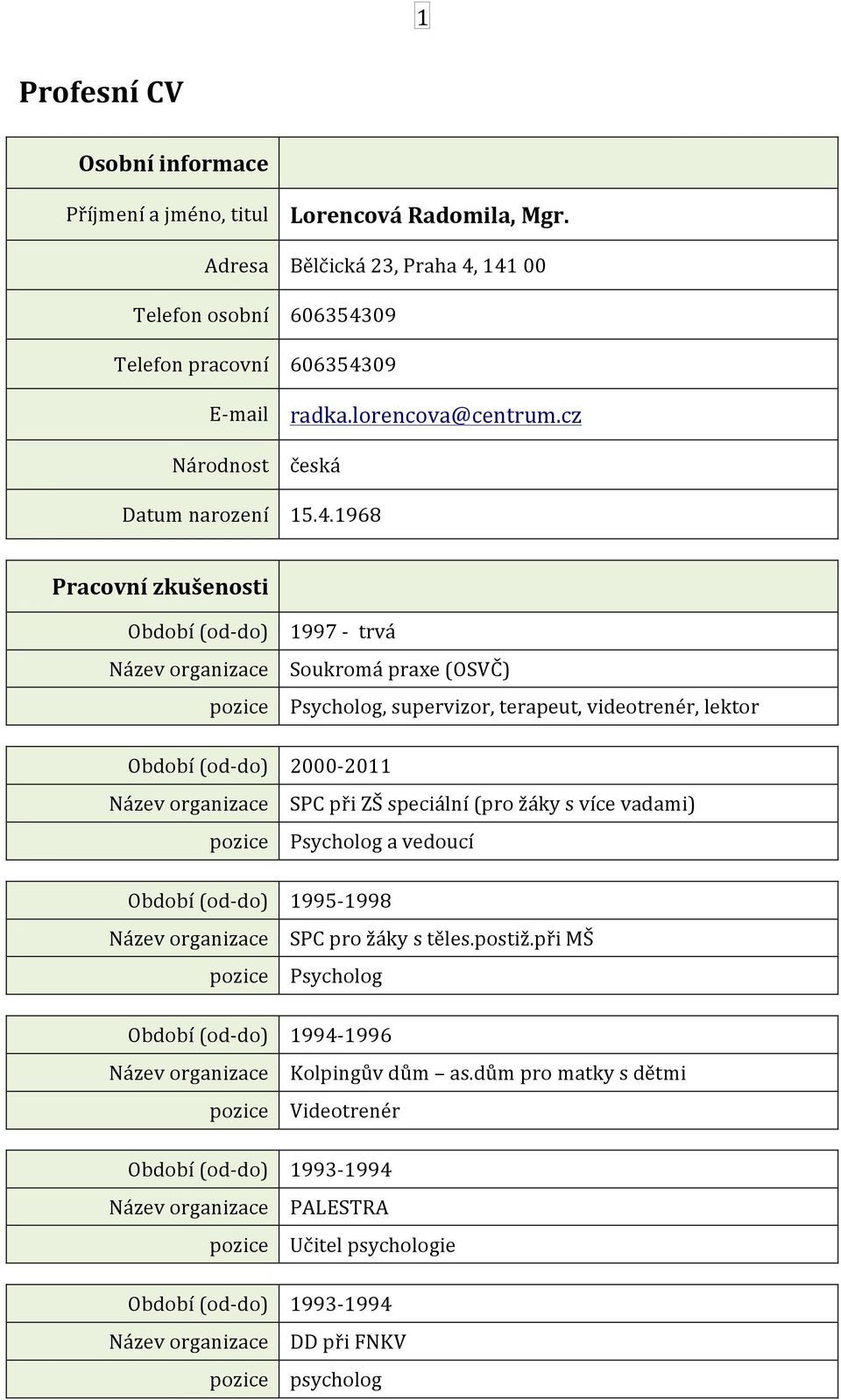 141 00 606354309 606354309 radka.lorencova@centrum.cz česká 15.4.1968 Pracovní zkušenosti 1997 - trvá Soukromá praxe (OSVČ) Psycholog, supervizor,