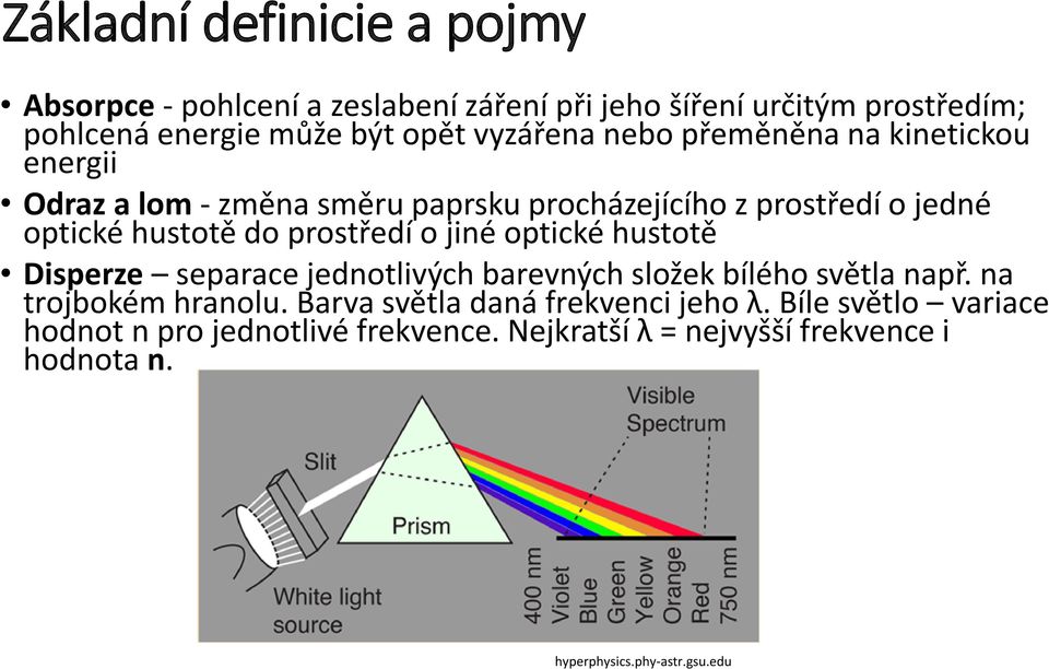 prostředí o jiné optické hustotě Disperze separace jednotlivých barevných složek bílého světla např. na trojbokém hranolu.