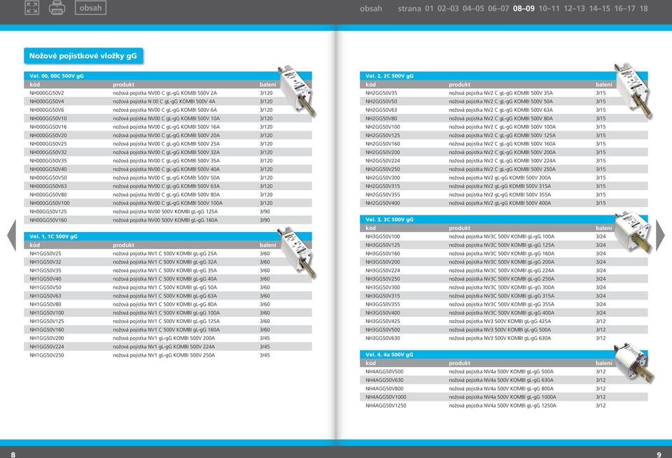 NH000GG50V10 nožová pojistka NV00 C gl-gg KOMBI 500V 10A 3/120 NH000GG50V16 nožová pojistka NV00 C gl-gg KOMBI 500V 16A 3/120 NH000GG50V20 nožová pojistka NV00 C gl-gg KOMBI 500V 20A 3/120