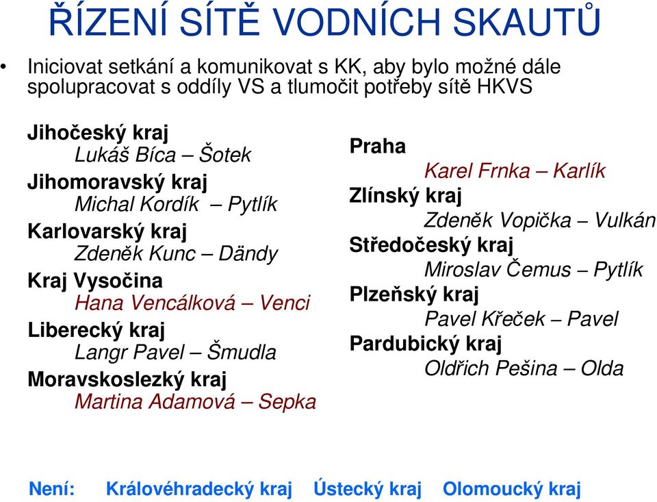 Liberecký kraj Langr Pavel Šmudla Moravskoslezký kraj Martina Adamová Sepka Praha Karel Frnka Karlík Zlínský kraj Zdeněk Vopička Vulkán