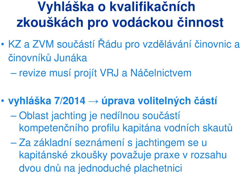 volitelných částí Oblast jachting je nedílnou součástí kompetenčního profilu kapitána vodních skautů