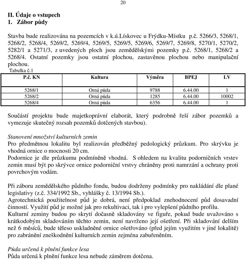Ostatní pozemky jsou ostatní plochou, zastavěnou plochou nebo manipulační plochou. Tabulka č.1 P.č. KN Kultura Výměra BPEJ LV 5268/1 Orná půda 9788 6.44.00 1 5268/2 Orná půda 1285 6.44.00 10002 5268/4 Orná půda 6356 6.