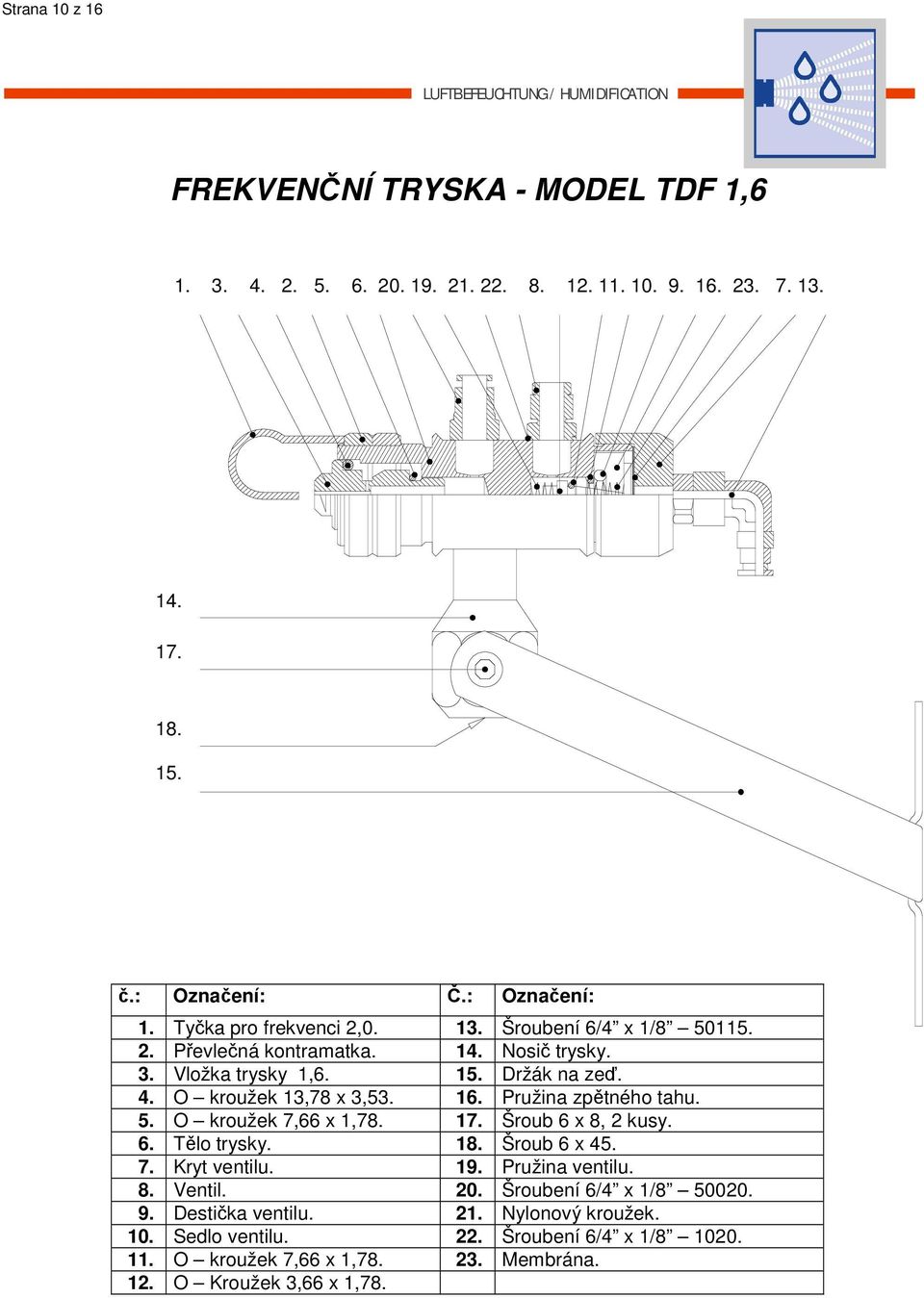 Pružina zpětného tahu. 5. O kroužek 7,66 x 1,78. 17. Šroub 6 x 8, 2 kusy. 6. Tělo trysky. 18. Šroub 6 x 45. 7. Kryt ventilu. 19. Pružina ventilu. 8. Ventil. 20.