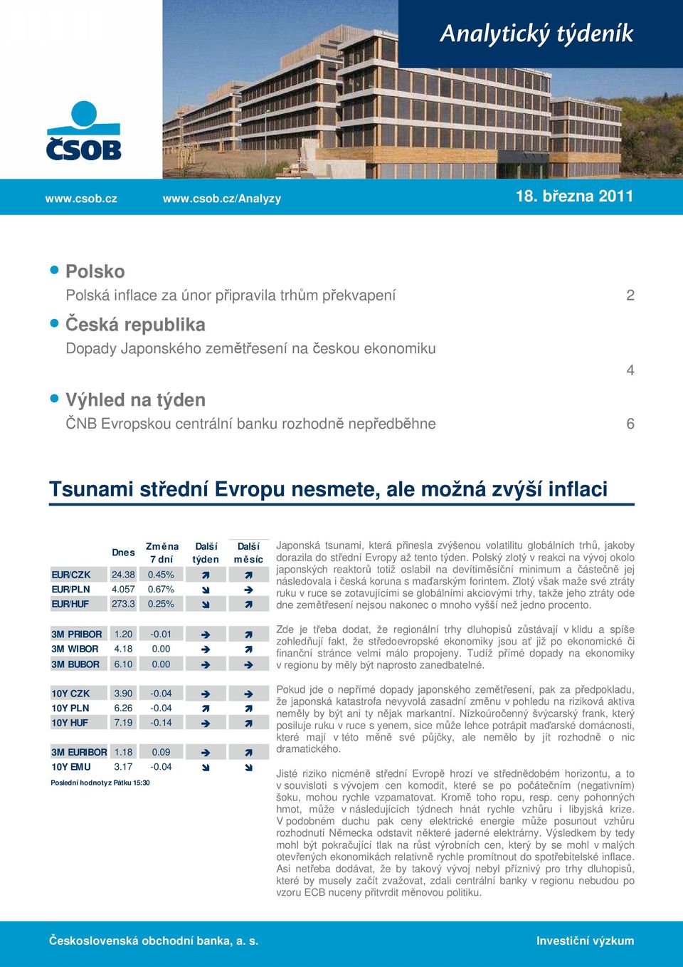 nepředběhne 6 4 Tsunami střední Evropu nesmete, ale možná zvýší inflaci Dnes Změna 7 dní Další týden Další měsíc EUR/CZK 24.38 0.45% EUR/PLN 4.057 0.67% EUR/HUF 273.3 0.25% 3M PRIBOR 1.20-0.