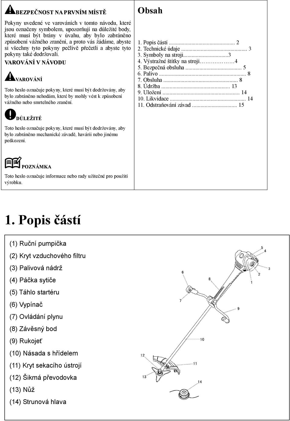 V NÁVODU Toto heslo označuje pokyny, které musí být dodržovány, aby bylo zabráněno nehodám, které by mohly vést k způsobení vážného nebo smrtelného zranění. Obsah 1. Popis částí... 2 2.