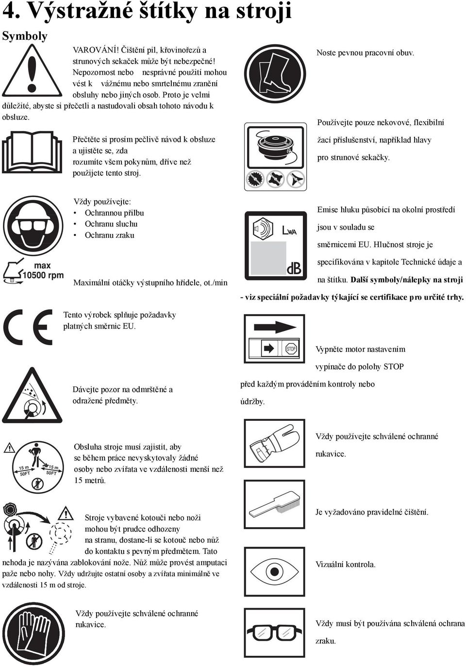 Přečtěte si prosím pečlivě návod k obsluze a ujistěte se, zda rozumíte všem pokynům, dříve než použijete tento stroj. Noste pevnou pracovní obuv.