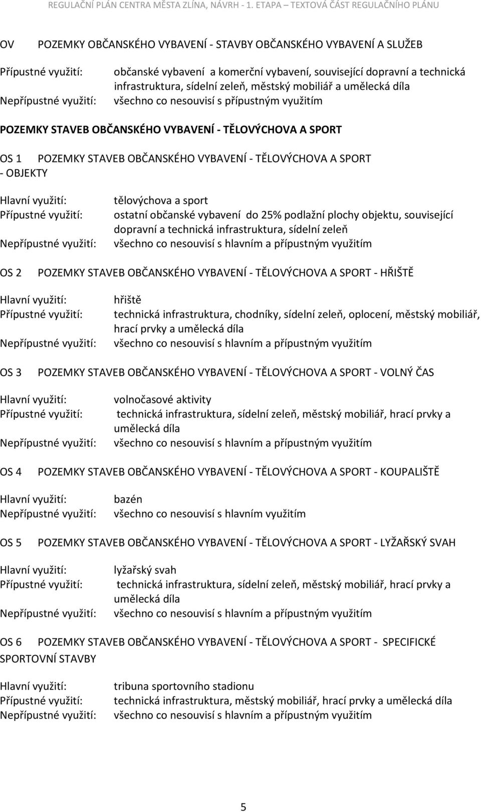 A SPORT - OBJEKTY Hlavní využití: tělovýchova a sport Přípustné využití: ostatní občanské vybavení do 25% podlažní plochy objektu, související dopravní a technická infrastruktura, sídelní zeleň OS 2