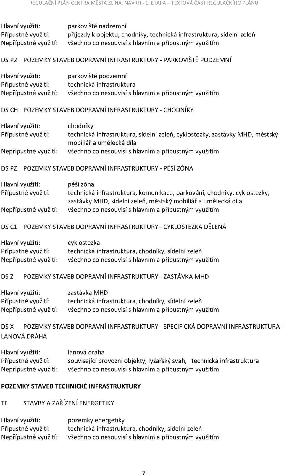 sídelní zeleň, cyklostezky, zastávky MHD, městský mobiliář a umělecká díla DS PZ POZEMKY STAVEB DOPRAVNÍ INFRASTRUKTURY - PĚŠÍ ZÓNA Hlavní využití: pěší zóna Přípustné využití: technická