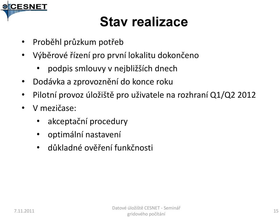 konce roku Pilotní provoz úložiště pro uživatele na rozhraní Q1/Q2 2012 V