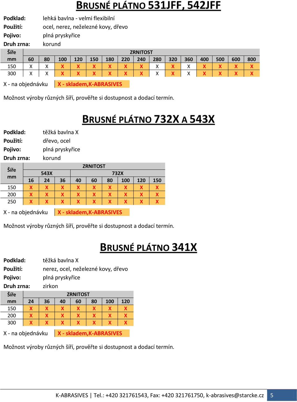 BRUSNÉ PLÁTNO 732X A 543X Podklad: těžká bavlna X Použití: dřevo, ocel Šíře 543X 732X 16 24 36 40 60 80 100 120 150 150 X X X X X X X X X 200 X X X X X X X X X 250 X X X X X X X X X X - na objednávku