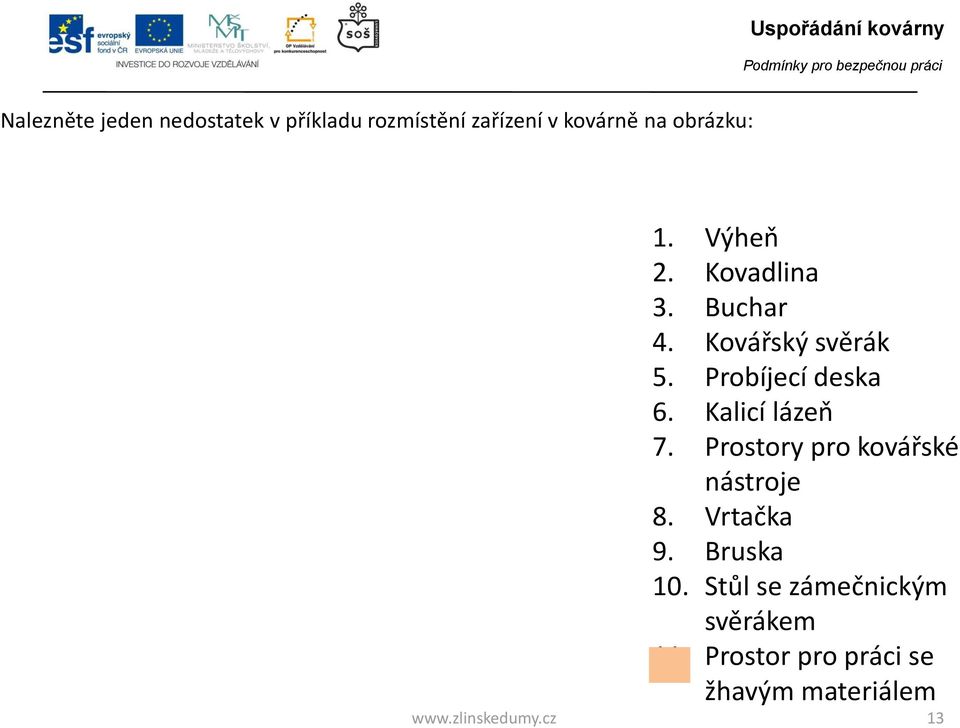 Probíjecí deska 6. Kalicí lázeň. Prostory pro kovářské nástroje 8.