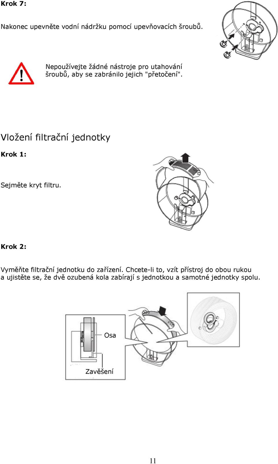 Vložení filtrační jednotky Krok 1: Sejměte kryt filtru.