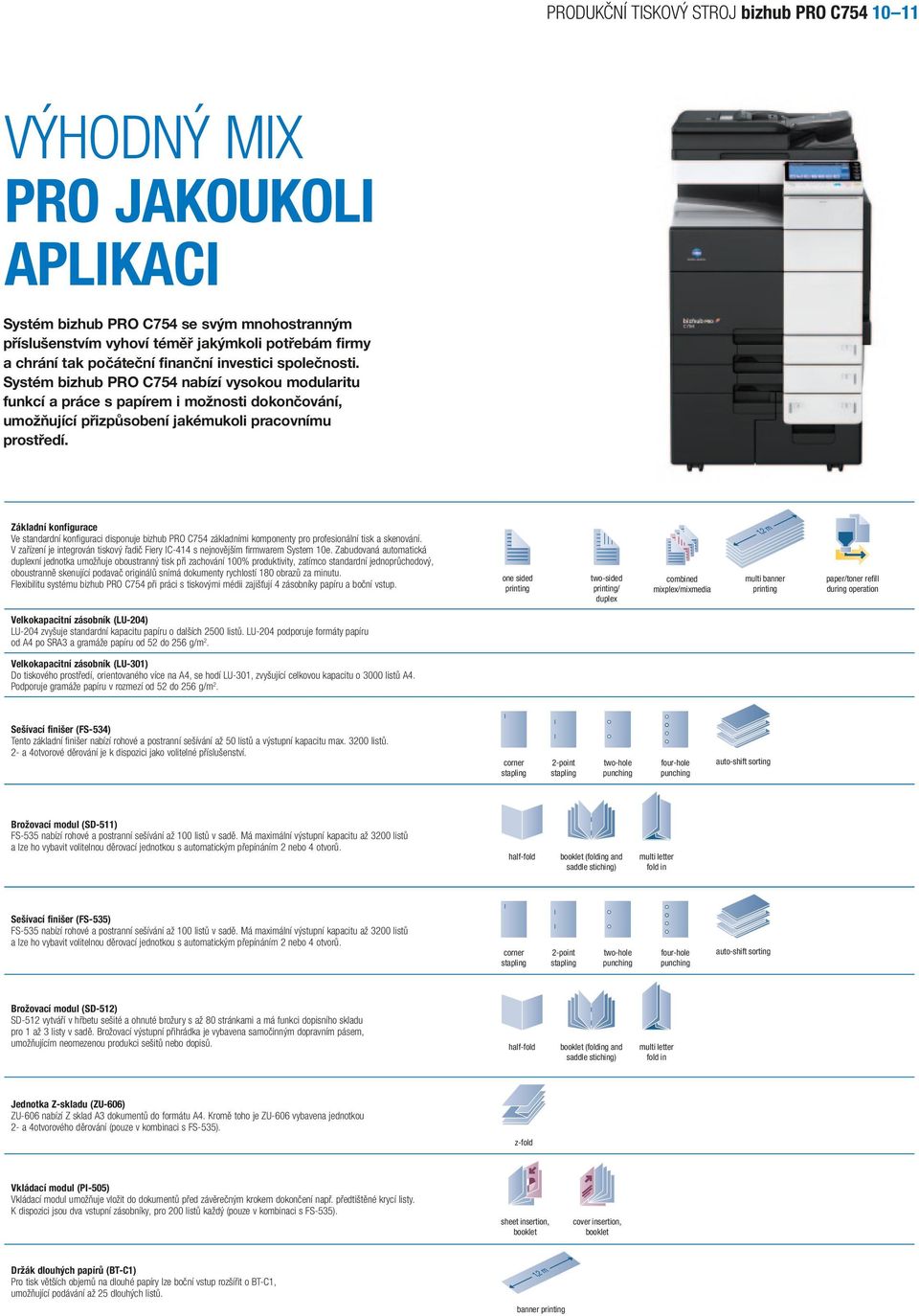 základní konfigurace Ve standardní konfiguraci disponuje bizhub PRO C754 základními komponenty pro profesionální tisk a skenování.