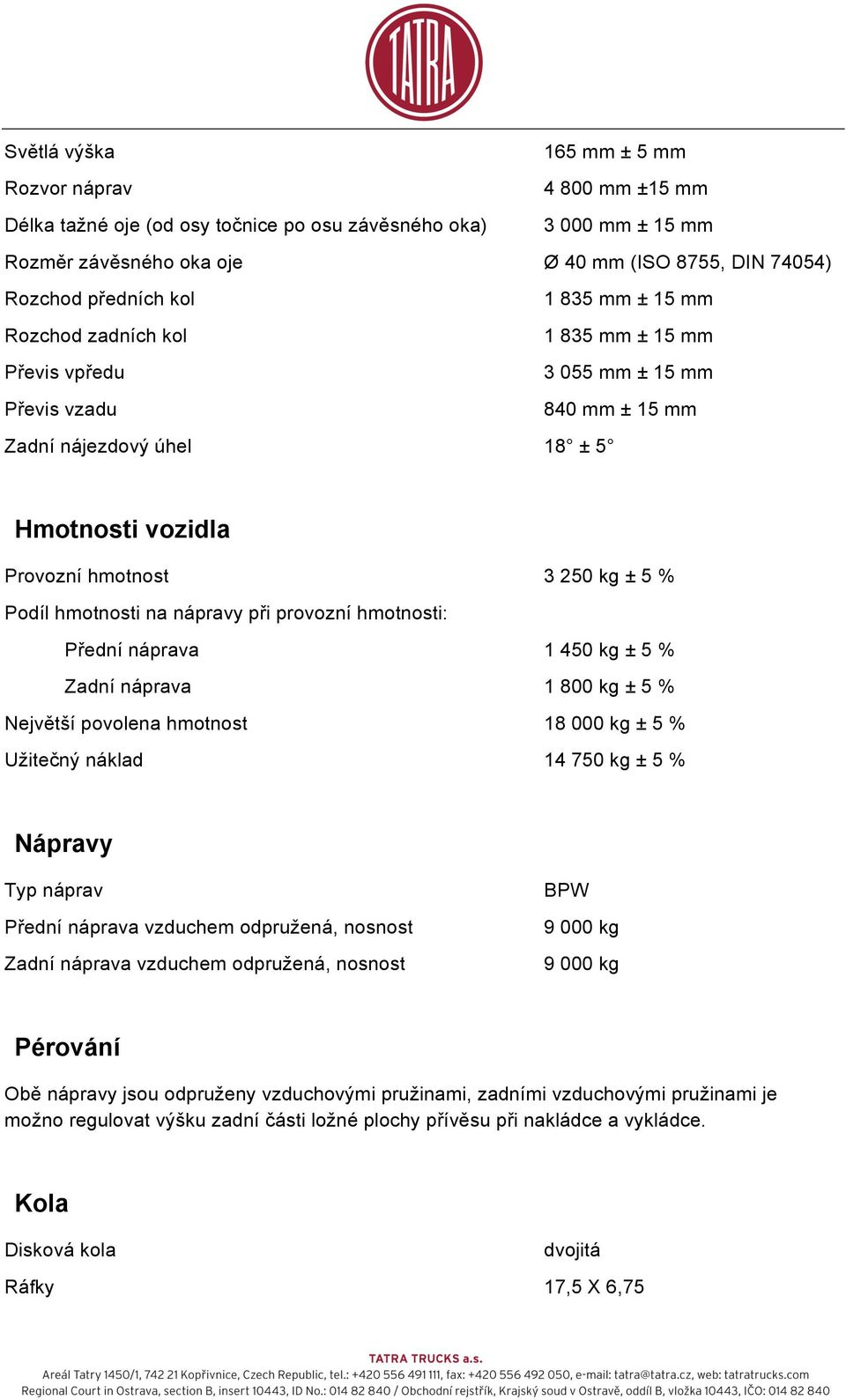 Podíl hmotnosti na nápravy při provozní hmotnosti: Přední náprava 1 450 kg ± 5 % Zadní náprava 1 800 kg ± 5 % Největší povolena hmotnost 18 000 kg ± 5 % Užitečný náklad 14 750 kg ± 5 % Nápravy Typ