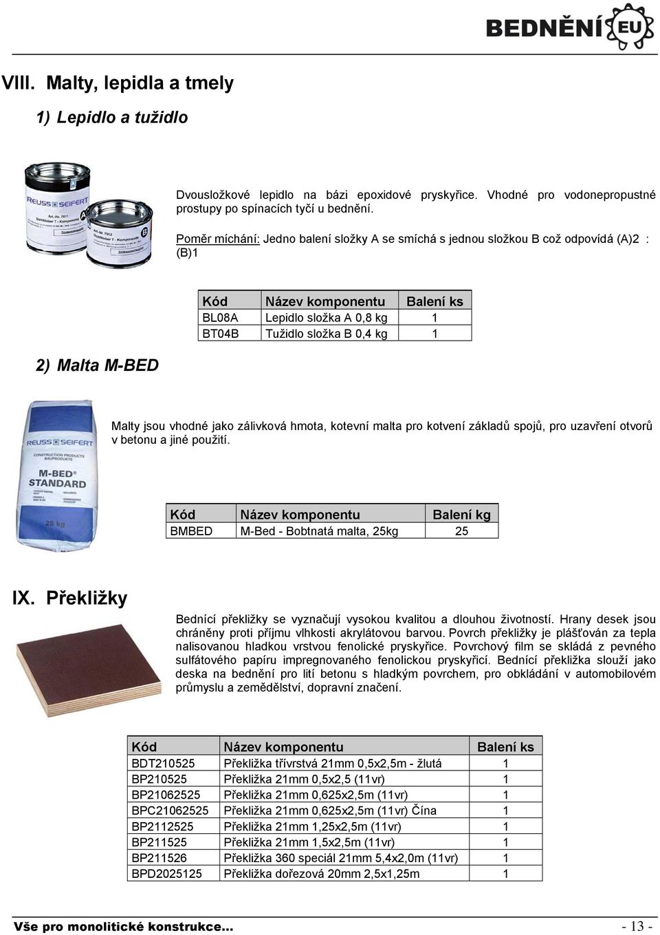 zálivková hmota, kotevní malta pro kotvení základů spojů, pro uzavření otvorů v betonu a jiné použití. Kód Název komponentu Balení kg BMBED M-Bed - Bobtnatá malta, 25kg 25 IX.