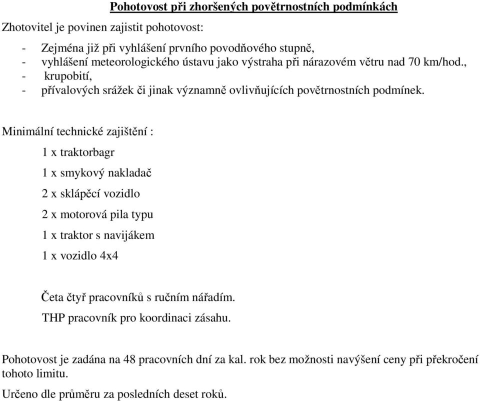 Minimální technické zajištění : 1 x traktorbagr 1 x smykový nakladač 2 x sklápěcí vozidlo 2 x motorová pila typu 1 x traktor s navijákem 1 x vozidlo 4x4 Četa čtyř pracovníků s