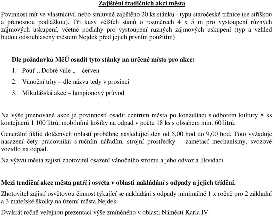 jejich prvním použitím) Dle požadavků MěÚ osadit tyto stánky na určené místo pro akce: 1. Pouť Dobré vůle červen 2. Vánoční trhy dle názvu tedy v prosinci 3.