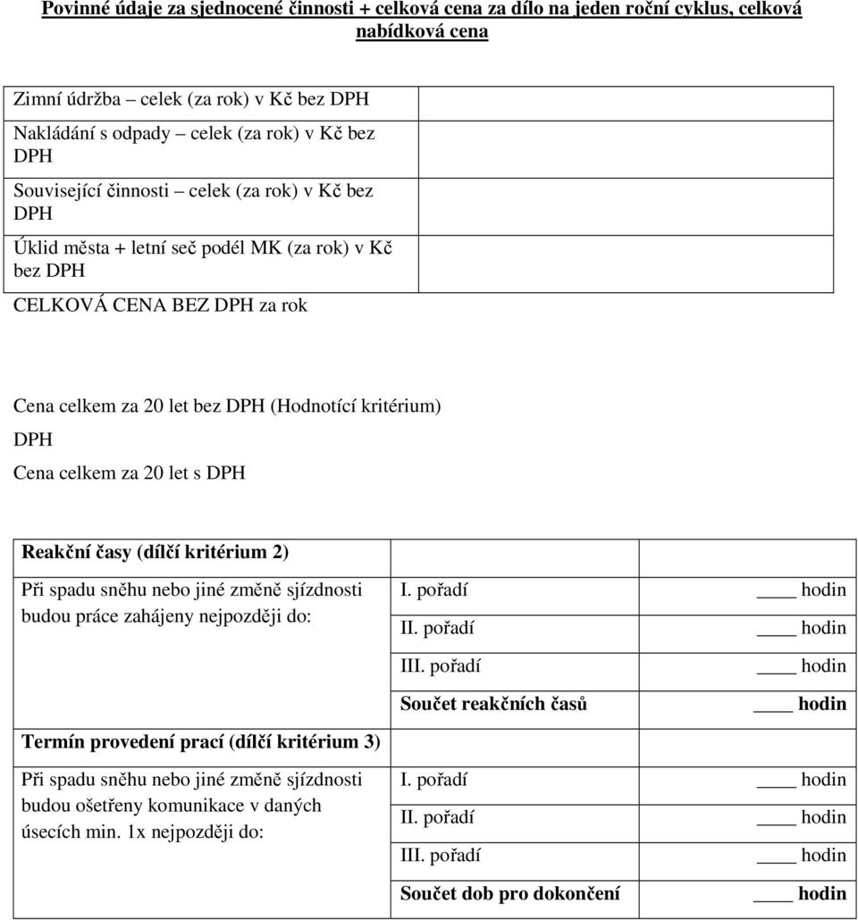 za 20 let s DPH Reakční časy (dílčí kritérium 2) Při spadu sněhu nebo jiné změně sjízdnosti budou práce zahájeny nejpozději do: Termín provedení prací (dílčí kritérium 3) Při spadu sněhu nebo jiné