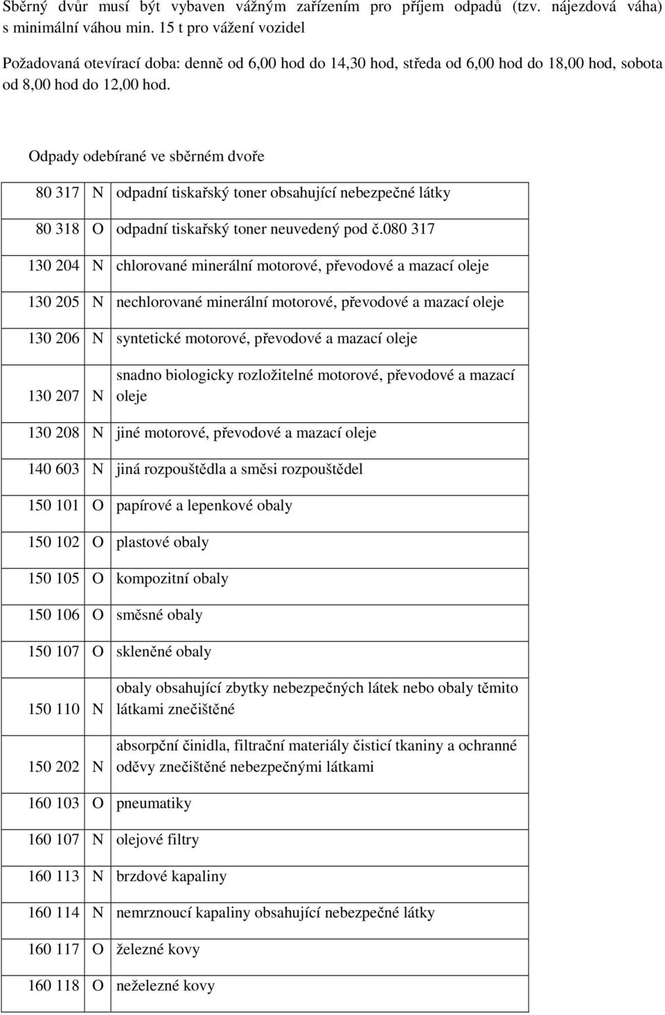 Odpady odebírané ve sběrném dvoře 80 317 N odpadní tiskařský toner obsahující nebezpečné látky 80 318 O odpadní tiskařský toner neuvedený pod č.