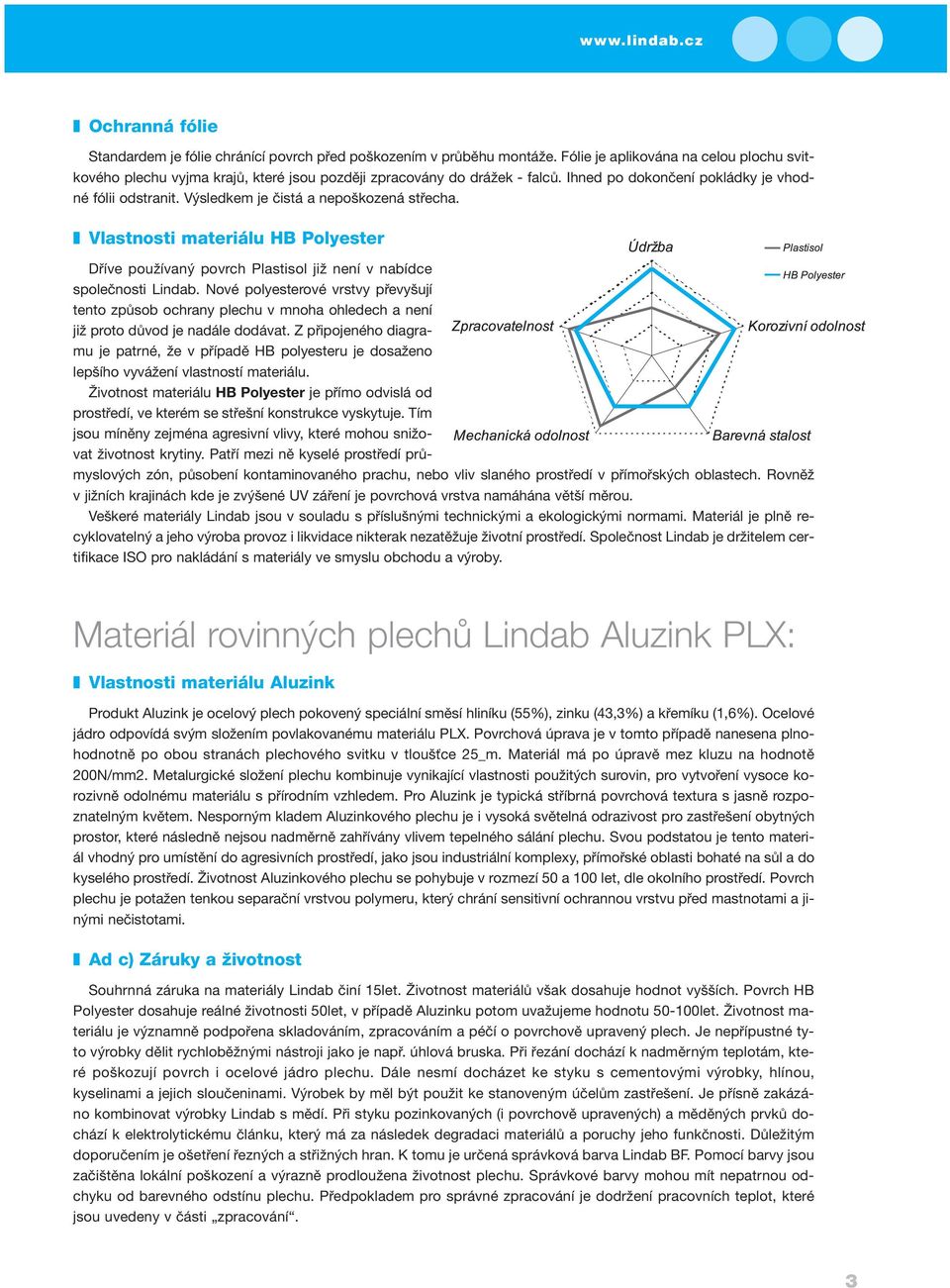 Výsledkem je čistá a nepoškozená střecha. Vlastnosti materiálu HB Polyester Dříve používaný povrch Plastisol již není v nabídce společnosti Lindab.