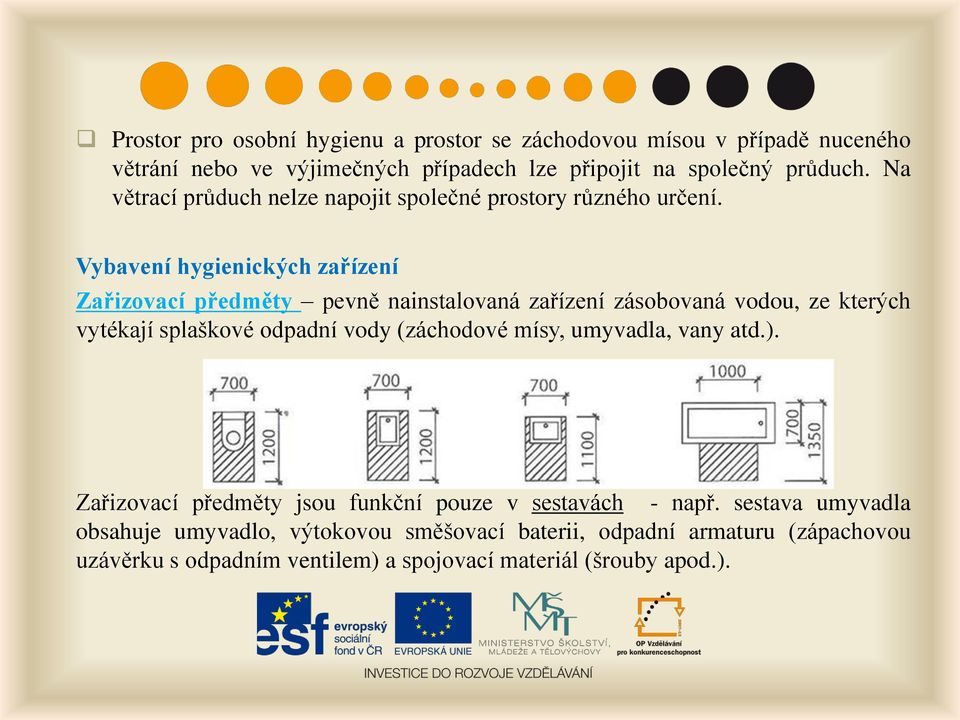 Vybavení hygienických zařízení Zařizovací předměty pevně nainstalovaná zařízení zásobovaná vodou, ze kterých vytékají splaškové odpadní vody (záchodové