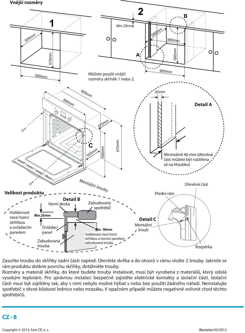 25mm Detail B Horní deska Ovládací panel Zabudovaná trouba Montážní šrouby Zabudovaný spotřebič Min.