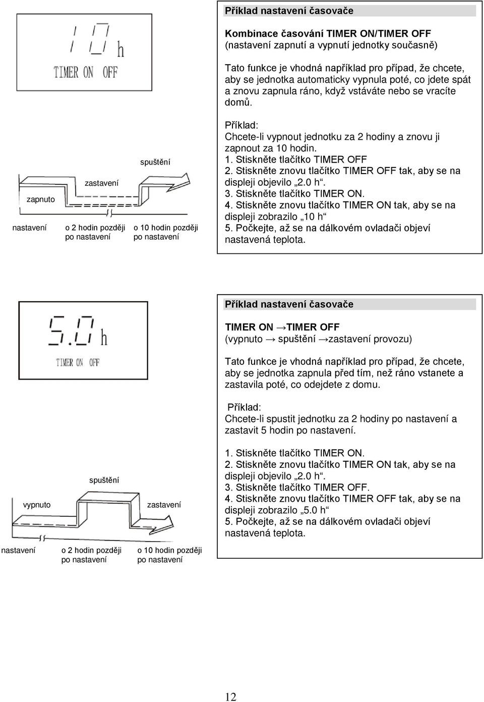 zapnuto nastavení zastavení o 2 hodin později po nastavení spuštění o 10 hodin později po nastavení Příklad: Chcete-li vypnout jednotku za 2 hodiny a znovu ji zapnout za 10 hodin. 1. Stiskněte tlačítko TIMER OFF 2.