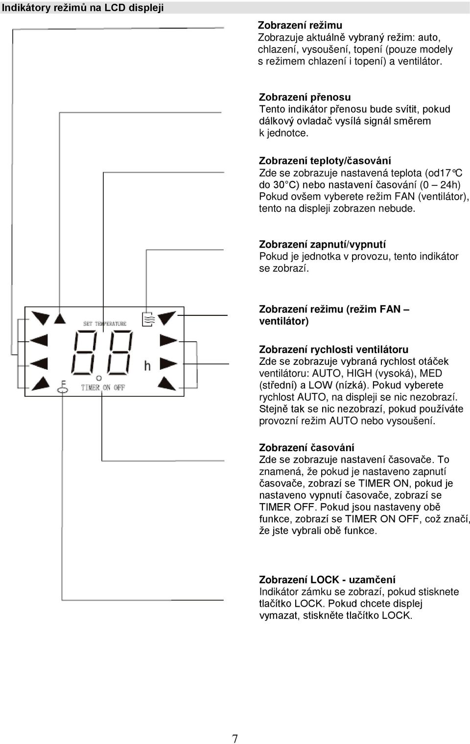 Zobrazení teploty/časování Zde se zobrazuje nastavená teplota (od17 C do 30 C) nebo nastavení časování (0 24h) Pokud ovšem vyberete režim FAN (ventilátor), tento na displeji zobrazen nebude.