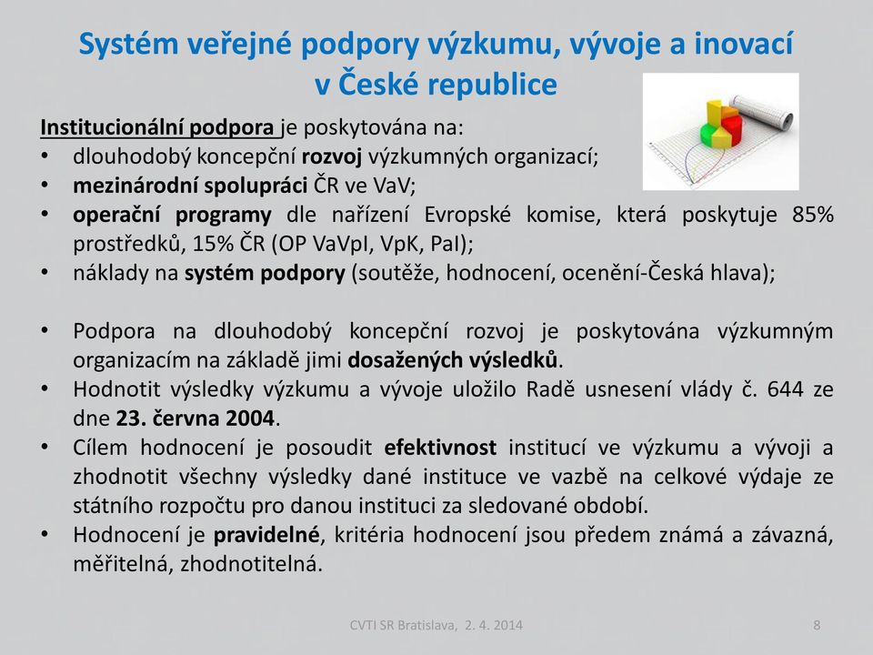 koncepční rozvoj je poskytována výzkumným organizacím na základě jimi dosažených výsledků. Hodnotit výsledky výzkumu a vývoje uložilo Radě usnesení vlády č. 644 ze dne 23. června 2004.