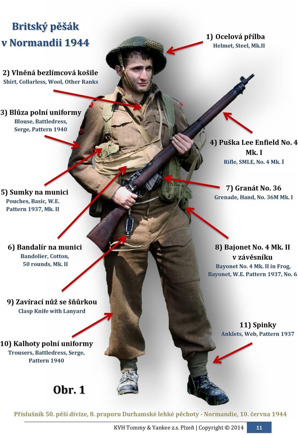 I Rifle, SMLE, No. 4 Mk. I 5) Sumky na munici Pouches, Basic, W.E. Pattern 1937, Mk. II 7) Granát No. 36 Grenade, Hand, No. 36M Mk. I 6) Bandalír na munici Bandolier, Cotton, 50 rounds, Mk.