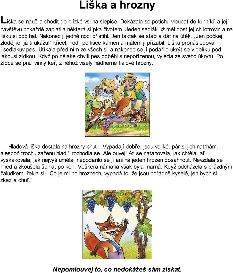 křičel, hodil po lišce kámen a málem ji přizabil. Lišku pronásledoval i sedlákův pes. Utíkala před ním ze všech sil a nakonec se jí podařilo ukrýt se v dolíku pod jakousi zídkou.