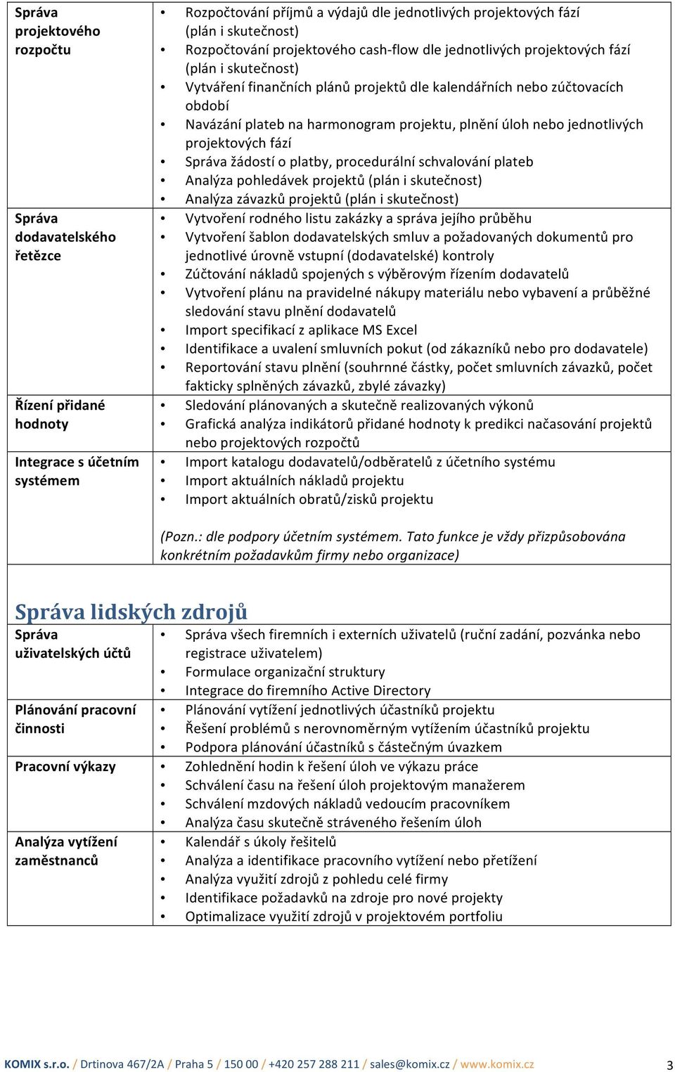 projektu, plnění úloh nebo jednotlivých projektových fází Správa žádostí o platby, procedurální schvalování plateb Analýza pohledávek projektů (plán i skutečnost) Analýza závazků projektů (plán i