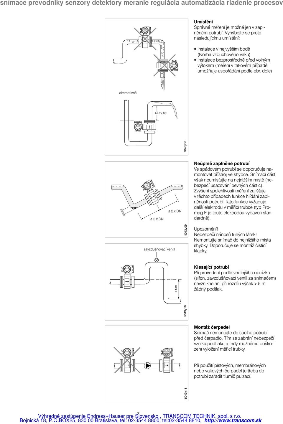 dole) alternativně h 2 x DN ti043y08 5 x DN 2xDN Neúplně zaplněné potrubí Ve spádovém potrubí se doporučuje namontovat přístroj ve shýbce.