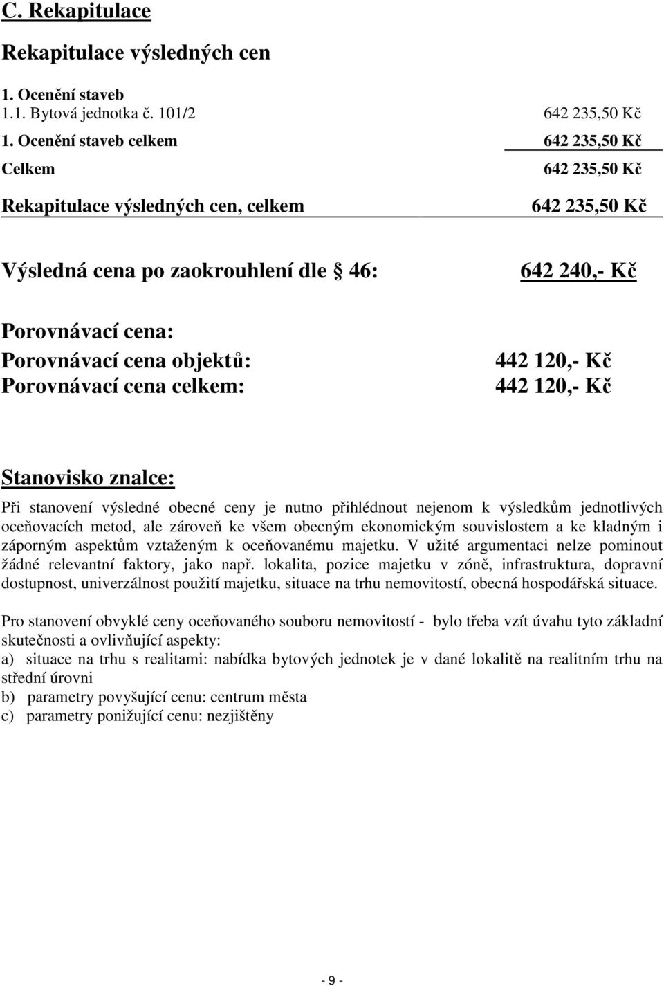 Porovnávací cena celkem: 642 240,- Kč 442 120,- Kč 442 120,- Kč Stanovisko znalce: Při stanovení výsledné obecné ceny je nutno přihlédnout nejenom k výsledkům jednotlivých oceňovacích metod, ale